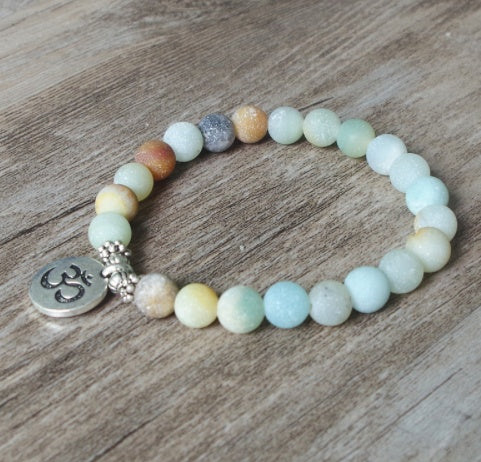 Matte Amazonite Stone Strand Bracelet Yoga Chakra Mala Bracelet OM Lotus Women Men Beaded Charm Bracelet Handmade Jewelry