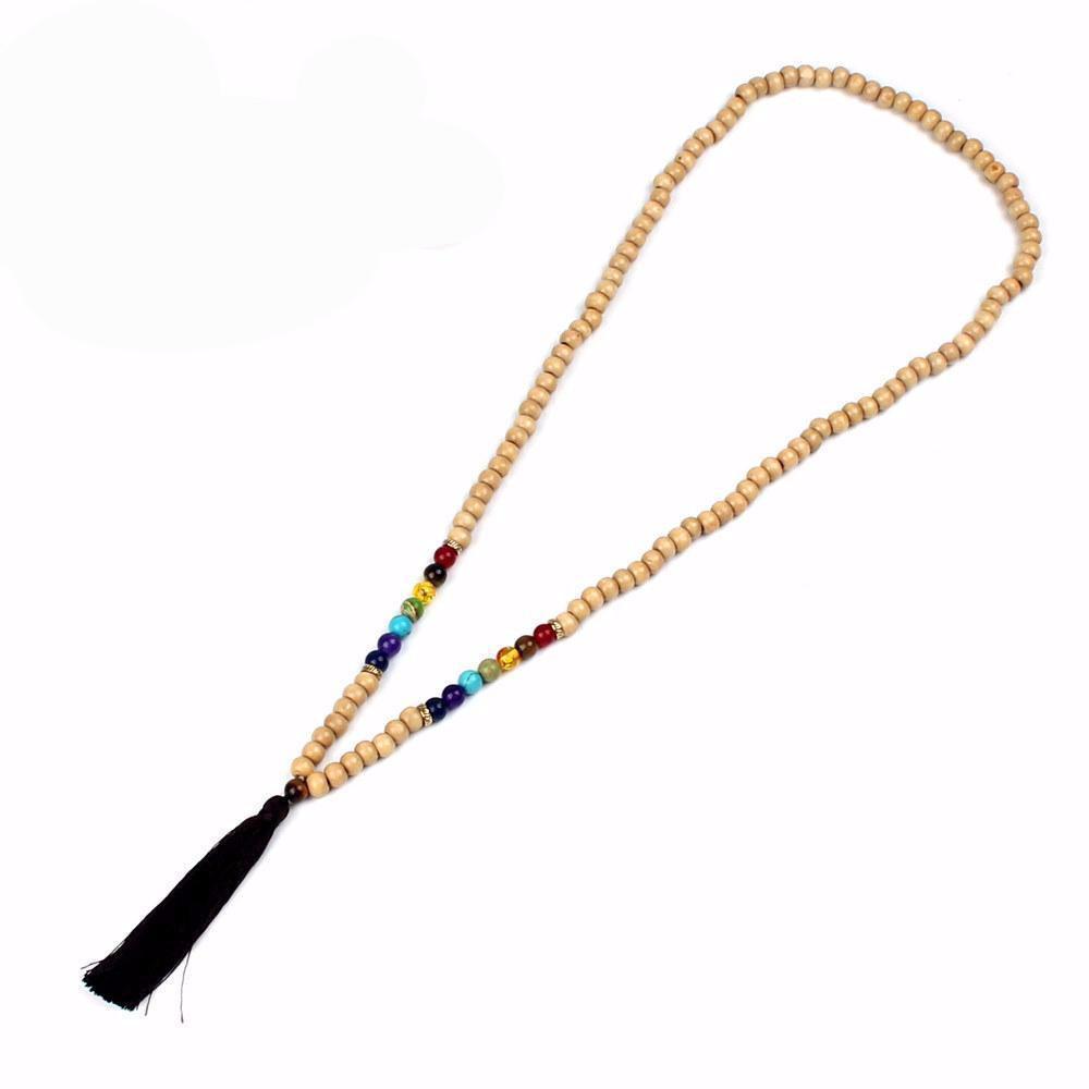 Handmade Long Natural Stone Chakra Wooden Bead Mala Tassel Necklace