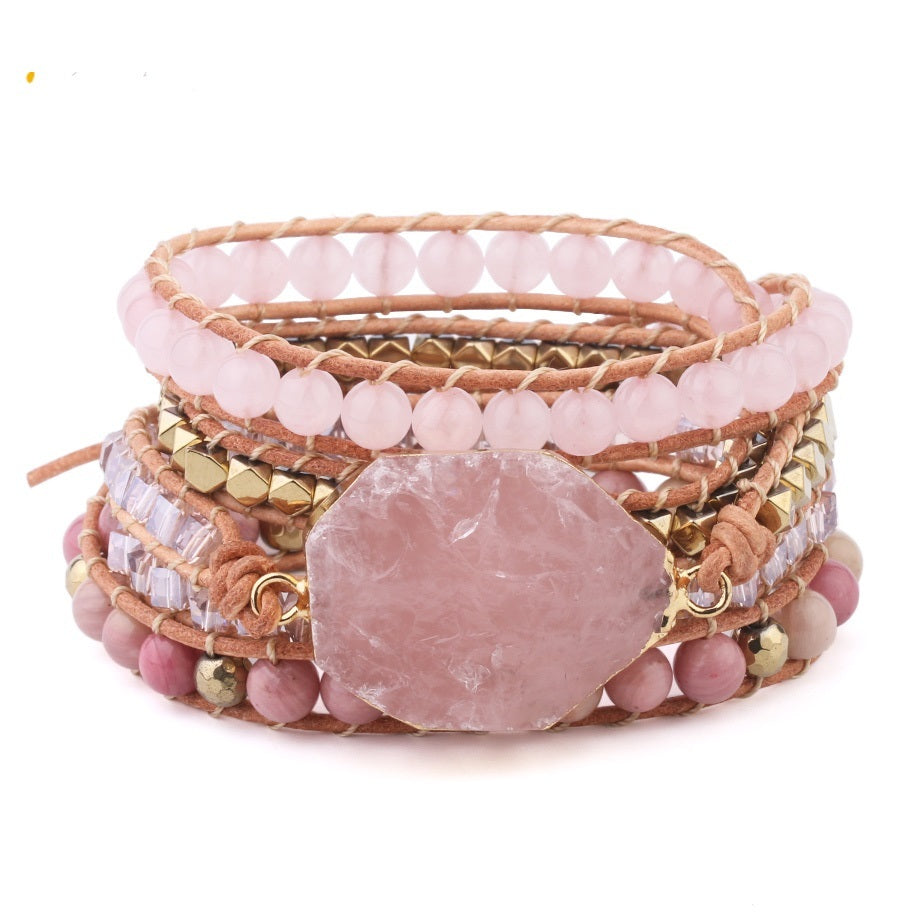 Natural Stone Bracelet  Quartz Leather Wrap Bracelets For Women Rose Gems Beads Jewelry 5 Strand