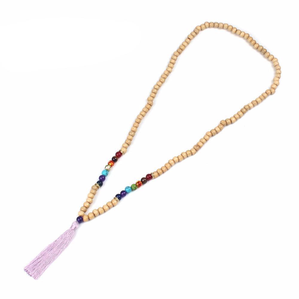 Handmade Long Natural Stone Chakra Wooden Bead Mala Tassel Necklace