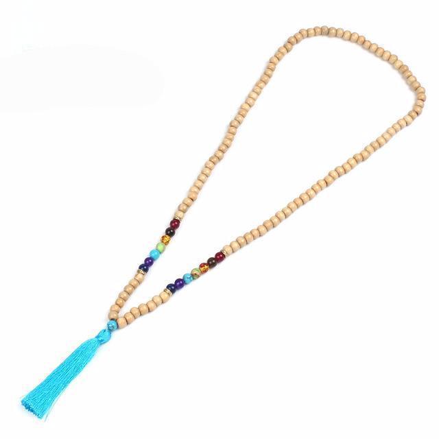 Handmade Long Natural Stone Chakra Wooden Bead Mala Tassel Necklace